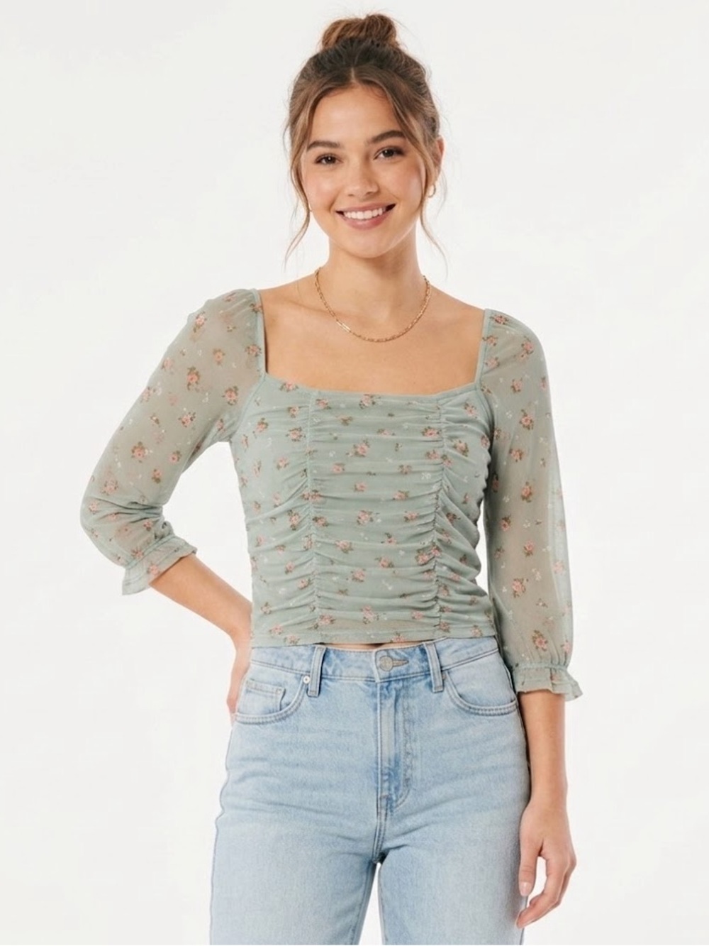 Monteau Sage Floral Ruched Blouse